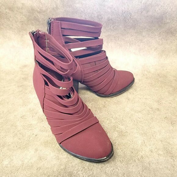 ETC Womens Size 6/7 Red Strappy 3.5" Heel Ankle Boot Booties - Picture 5 of 10